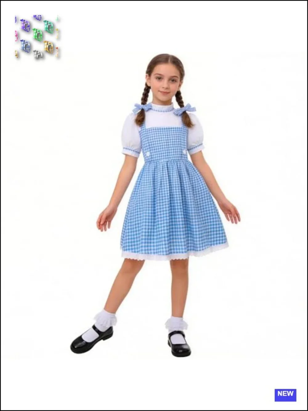 Kids Book Character Plaid Bubble Sleeve Dress Costume with Socks & Hair Bows